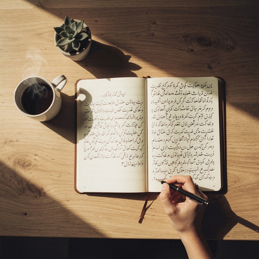 يد تكتب في دفتر تأملي بجانب فنجان قهوة