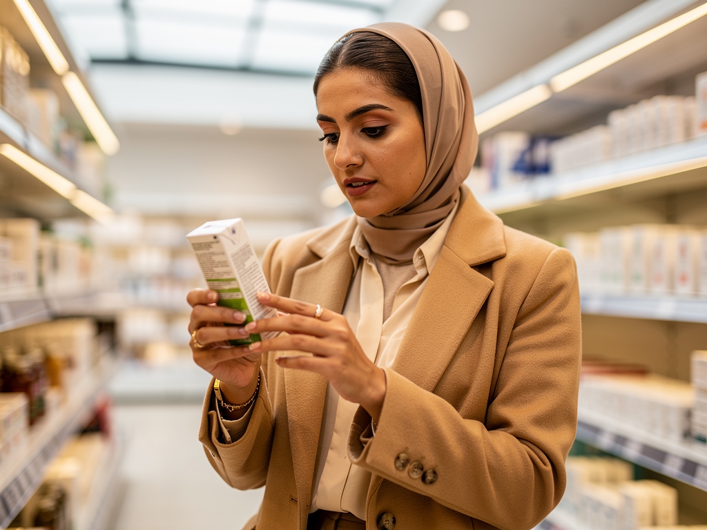 امرأة تمسك بعلبة تسوق وتفكر بعمق